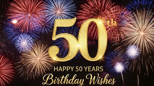 50th Birthday Celebration: Fireworks and Gold Text