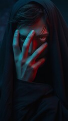 Mysterious hooded figure with glowing red eye