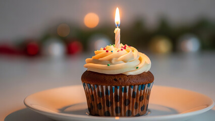 Cupcake with lit candle on plate