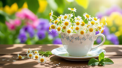 Daisies in teacup with blurred floral background