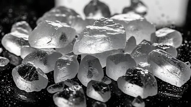 Close-up ice crystals on a dark surface in black and white