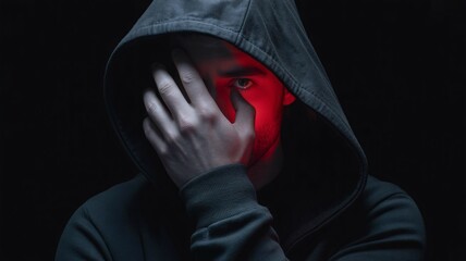 Mysterious hooded figure with red glow on face