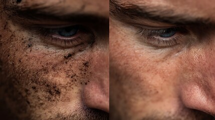before-after men sweat dirt buildup, polluted outdoor skin vs clean refreshed skin