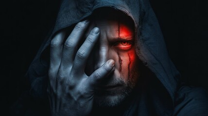 Mysterious hooded man with glowing red eye in darkness