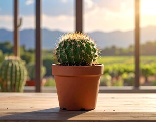 Close-up of a potted cactus on a wooden surface with a sunny backdrop