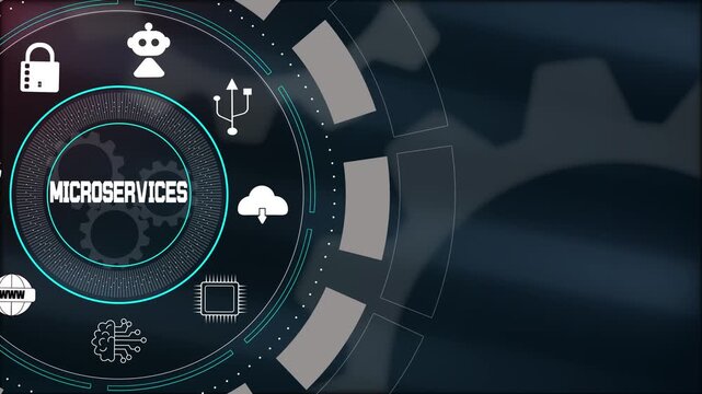 Building scalable application architecture with cloud native microservices featuring futuristic digital interface and technical icons.