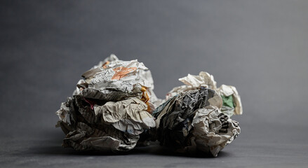 Group of crumpled newspaper balls, recycling and waste concept
