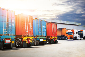 Semi Trailer Trucks on The Parking Lot at The Warehouse. Shipping Cargo Container. Trucks Loading Goods at Dock Warehouse. Distribution Warehouse. Big rig. Freight Logistics Truck Transport.