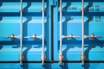 Container door locked with protective lead seal. safety locked, security of cargo shipment. cargo shipment. truck transport, shipping container import- export. freight truck logistics transport.	