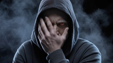 Mysterious hooded figure with glowing red eye in smoky darkness