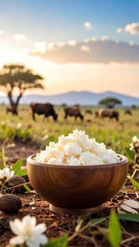 Wooden bowl filled with shea butter chunks sits on savanna ground near flowers and nuts, grazing cows in the distance against warm sunset.