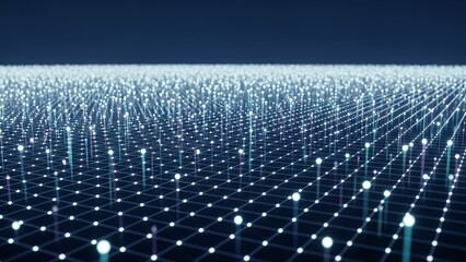 Abstract technology background with data points forming a futuristic digital network grid.