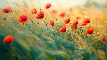 Vibrant red poppies dancing in the golden field of wheat on a sunny day
