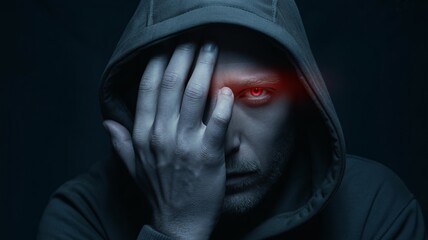 Mysterious hooded figure with glowing red eye in darkness