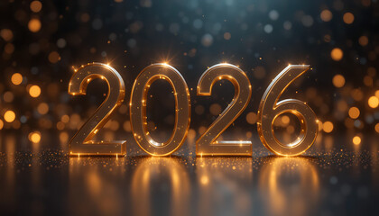 Golden metallic numbers 2026 shine brightly against a sparkling bokeh background