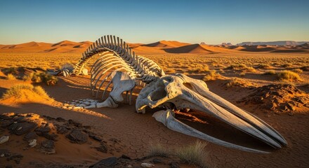 Whale skeleton in the expanse of the desert revealing nature's harsh cycle