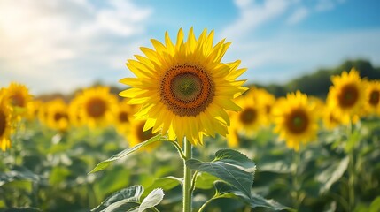 Fototapeta premium Vibrant sunflower field under blue sky sunlight nature landscape background