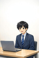 ノートパソコンでオンライン面接を受けるスーツ姿の男性のアニメイラスト