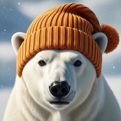 Whimsical arctic scene featuring a polar bear adorned with a vibrant knitted cap