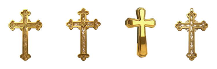 Set of Decorative Golden Cross Pendants, Transparent Background, PNG, Oil Paint