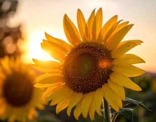 Close-up of a sunflower backlit by the warm glow of the setting sun