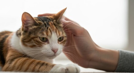Calico cat being petted on the head, cozy indoor scene