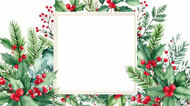 Festive Christmas botanical frame with holly leaves, pine needles, and red berries watercolor painting illustration for holiday cards