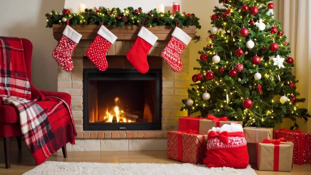 Festive Christmas scene featuring a decorated fireplace, stockings, gifts, and a glowing Christmas tree, creating a warm, inviting holiday atmosphere.