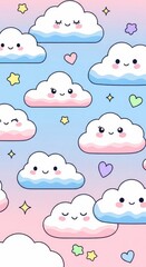Whimsical cloudscape with charming expressions and pastel gradients creates a delightful atmosphere