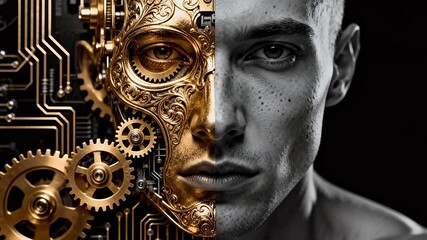 Human face split with mechanical gears