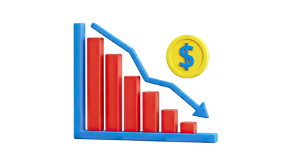 Financial Downturn: Bar Graph and Dollar Coin Showing Decline