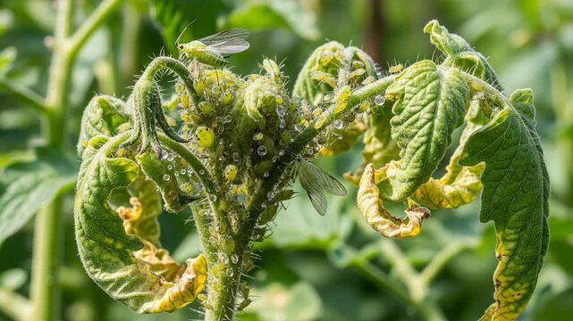 Severe Aphid Infestation on Tomato Plant, Close-up Detailing Plant Damage and Pest Activity in Agricultural Setting