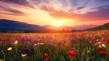 Vibrant sunset over blooming meadow with colorful flowers and distant mountains