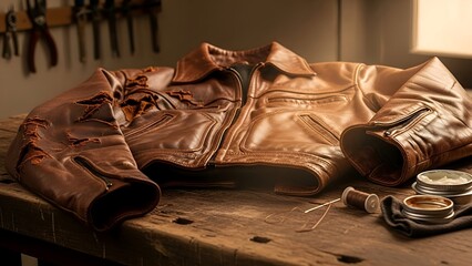 Vintage distressed brown leather jacket on wooden table with sewing supplies and tools