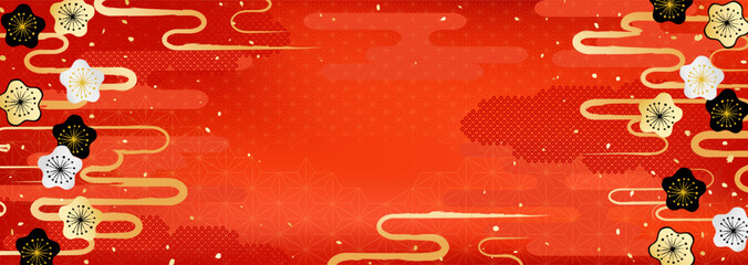 梅の花と日本の伝統模様を組み合わせた華やかな背景イラスト