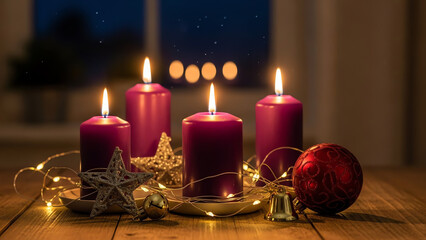Four purple candles with Christmas decorations
