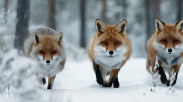 Three foxes stride through a serenely snowy forest,  one ahead, tails bright, snowdrifts glittering