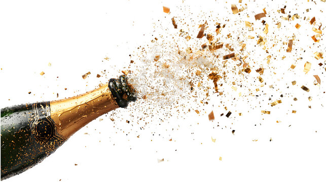 Gemini said

An isolated macro shot of a brown champagne bottle on a white background features a celebratory gold liquid splash with bubbles, texture, and an abstract powder explosion near the cork