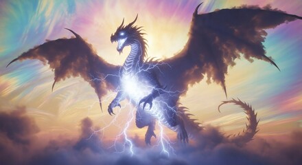 Majestic White Dragon Flying in Cloudy Sky.