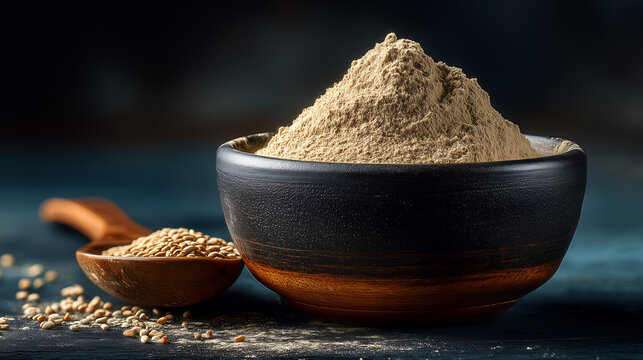 A ceramic bowl holds a mound of cumin powder with whole seeds nearby.