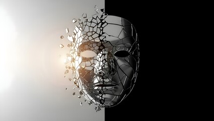 Shattered Mask Reflecting Light on a Dichotomous Background symbolizing Identity Crisis