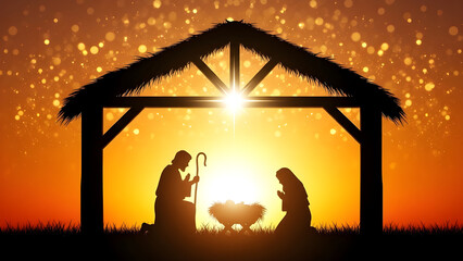 Silhouette of mary, joseph, and baby jesus in a manger at sunset with starry night sky