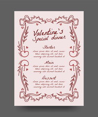 Hand drawn line art Valentine dinner menu with heart, cherry, ribbon bows element. trendy vintage border illustration for invitation, wedding, valentine, birthday party