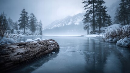 A winter scene with a frozen lake and a log,