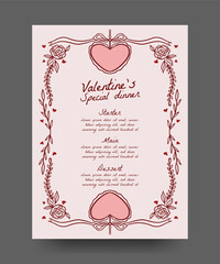 Hand drawn line art Valentine dinner menu with heart, flower branches, ribbon bows element. trendy vintage border illustration for invitation, wedding, valentine, birthday party
