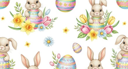 Whimsical easter pattern featuring bunnies, decorated eggs, and blooming spring florals