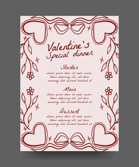 Hand drawn line art Valentine dinner menu with heart, flower branches, ribbon bows element. trendy vintage border illustration for invitation, wedding, valentine, birthday party