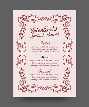 Hand drawn line art Valentine dinner menu with heart, cherry, ribbon bows element. trendy vintage border illustration for invitation, wedding, valentine, birthday party