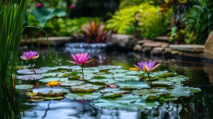 Vibrant water lilies blooming in a serene pond surrounded by lush greenery