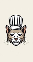 Whimsical feline chef portrait with stylized toque offering culinary charm illustration